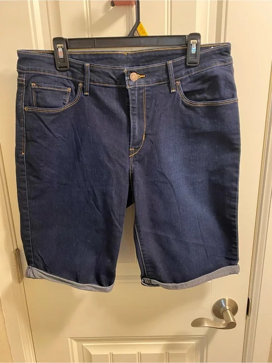 Levis 32 Jeans Shorts Dark Blue Bermuda Stretch Denim Rolled Cuff 14