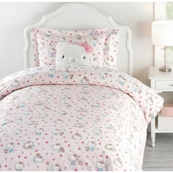 Pottery Barn Hello Kitty Classic Hearts Full/Qn Duvet Cover EUC Organic Cotton