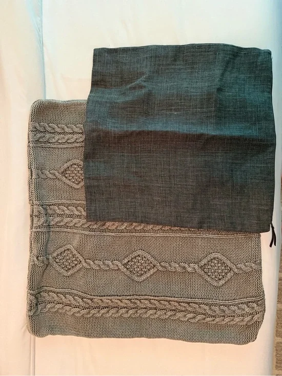 Pottery Barn gray knit throw with charcoal pillow cover