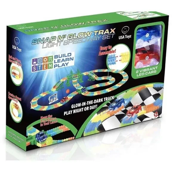 SNAP N GLOW TRAX LIGHT SPEEDWAY SET Racetrack 2 LED CARS Glow in the dark