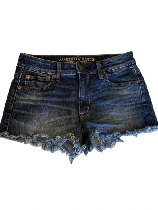 American Eagle Shorts Daisy Dukes Mid Rise Raw Hem Dark Wash Stretch Beach Sz 4