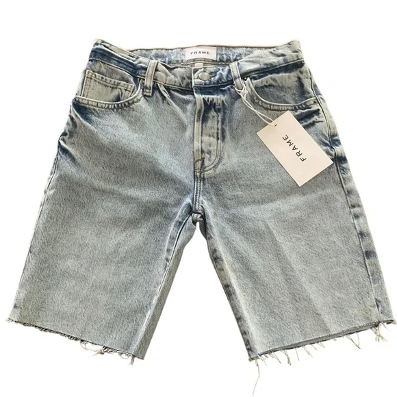 FRAME Le Slouch Bermuda Shorts Raw Hem Button Fly Blue Denim Size 23 NWT