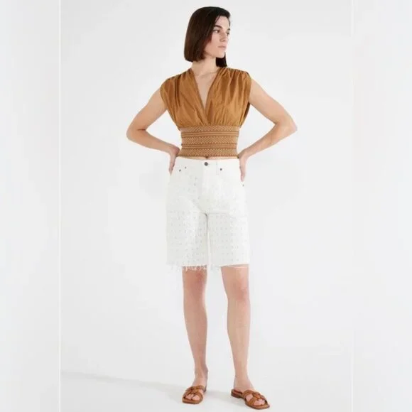 NWT etica NARIN RELAXED LONG SHORTS White Denim‎ Laser Vortex Raw Hem Size 24