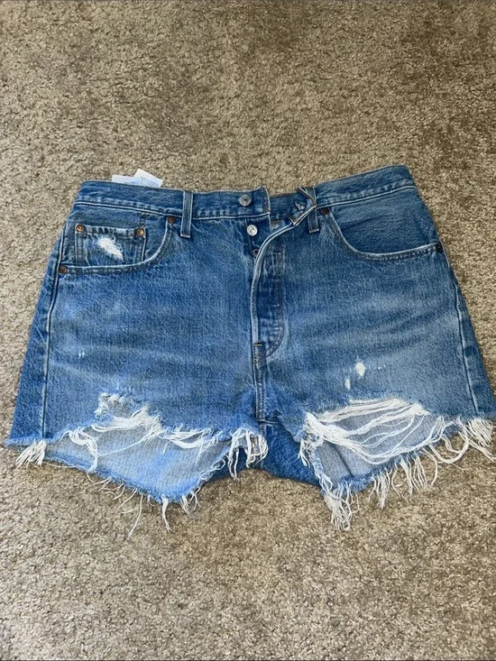 Levi's 501 Blue Distressed Frayed Denim Shorts