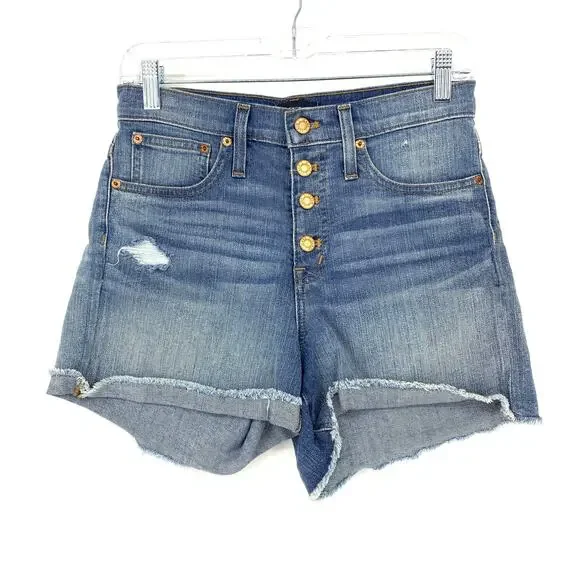 J Crew Shorts Women Size 25 High Rise Denim Jean Exposed Button Fly Raw Hem Blue