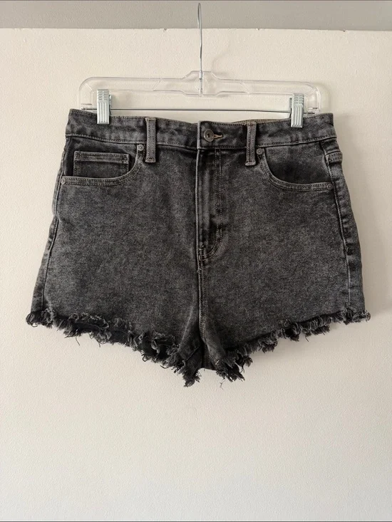 High Rise Black Acid Wash Denim Shorts Raw Hem KENDALL + KYLIE The Drifter 13/31
