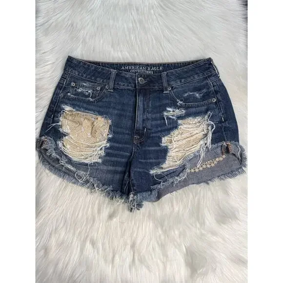 American Eagle Lace Pockets High Rise Festival Denim Cut Offs