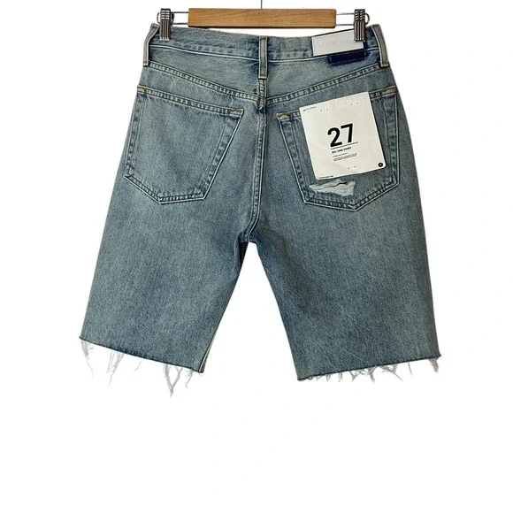Re/Done 80's‎ Long Short High Rise Jean 27  Denim Blue Raw Hem Button Fly New