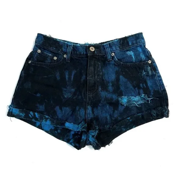 CARMAR Blue Black Tie Dye Cut Off Shorts Size 28 Jean Denim Acid Wash Distressed
