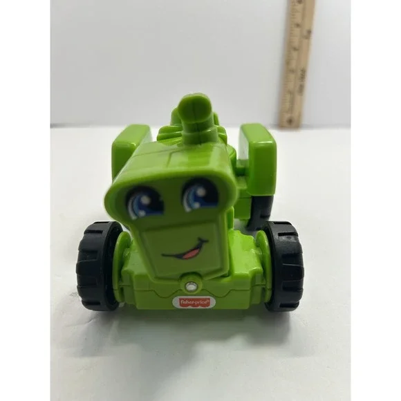 Fisher-Price Green Tractor Toy Vehicle Black Wheels Smiling Face Kids Farm Play