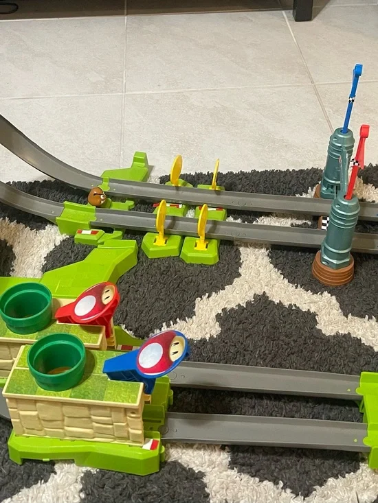 Green and Blue Kids Train Track Playset with Red Launchers