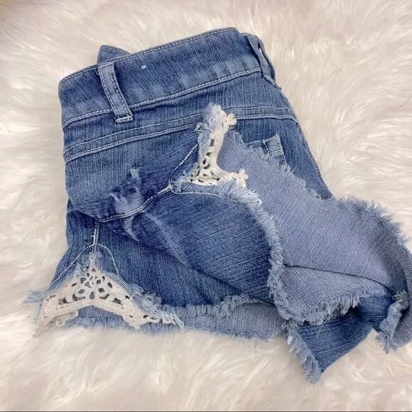 Rewind cut-off embroidered trim shorts denim daisy dukes, detail size 9
