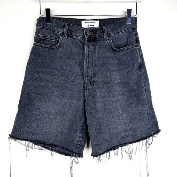 Reformation Black Denim Cut Off Jean Shorts High Waisted Long Button Fly 24