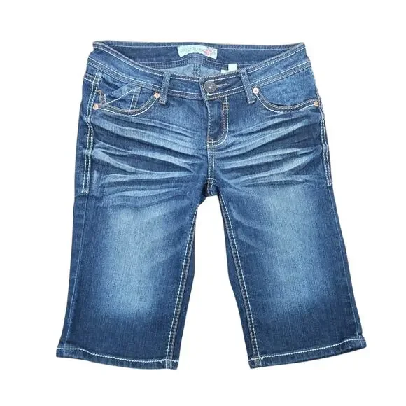 Vintage Y2K Paris Blues Low Rise Bermuda Jean Shorts Whisker Wash 3