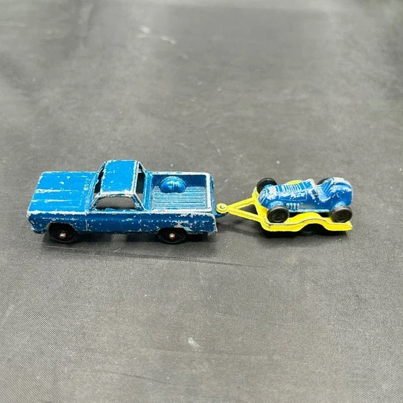 Vintage Tootsietoy Blue El Camino Truck with Race Car & Trailer 60s Diecast