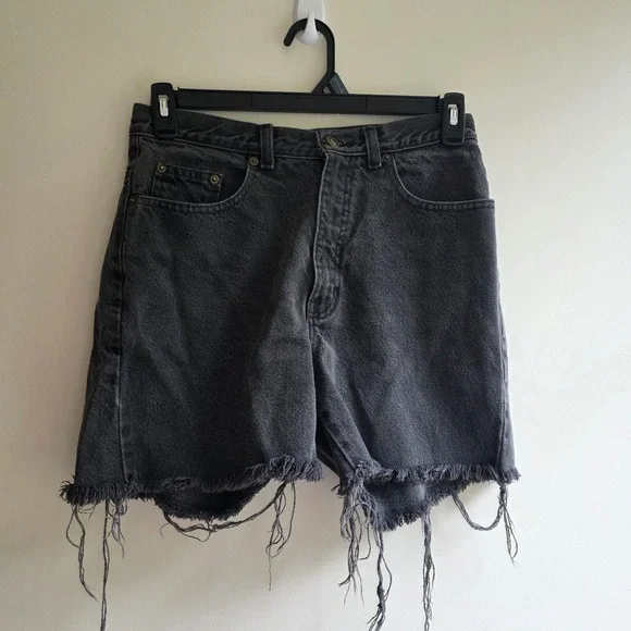 VTG Express Black Denim Shorts High Waisted Distressed Cutoff Frayed 29 Grunge