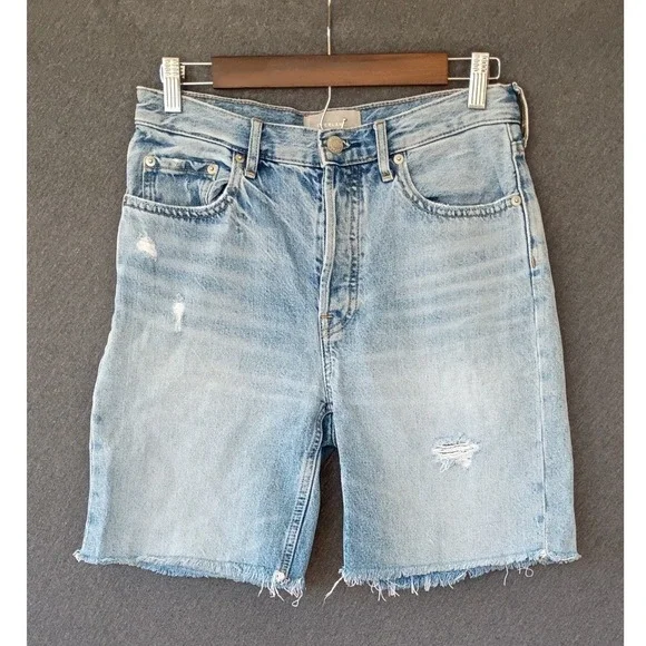 Everlane The Cheeky Long Shorts High Rise Light Wash Raw Hem Button Fly Size 26