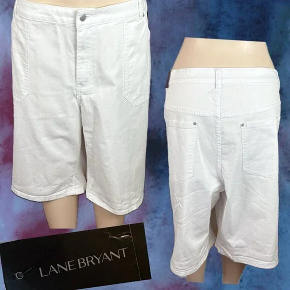 Venezia Lane Bryant +28 White Denim Button Zip 5 Pockets Bermuda Jean Shorts