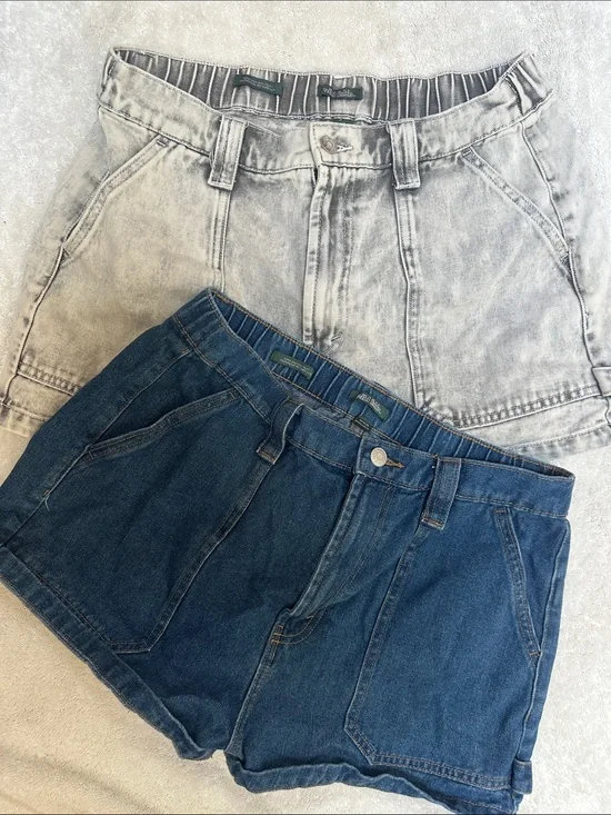Wild Fable Super High Rise Utility Light Acid Gray and Blue Denim Shorts Set