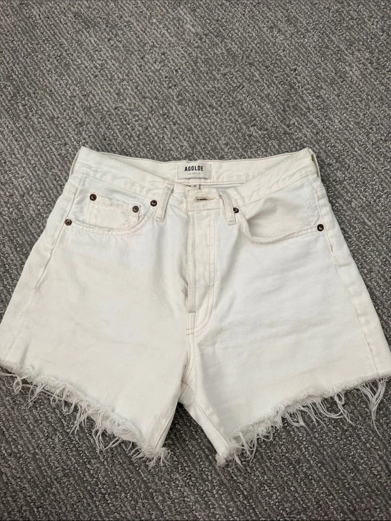 Agolde Parker Long White Frayed Hem Denim Shorts