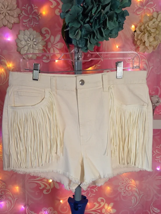 No Boundaries Cream Fringed Women's Denim Shorts