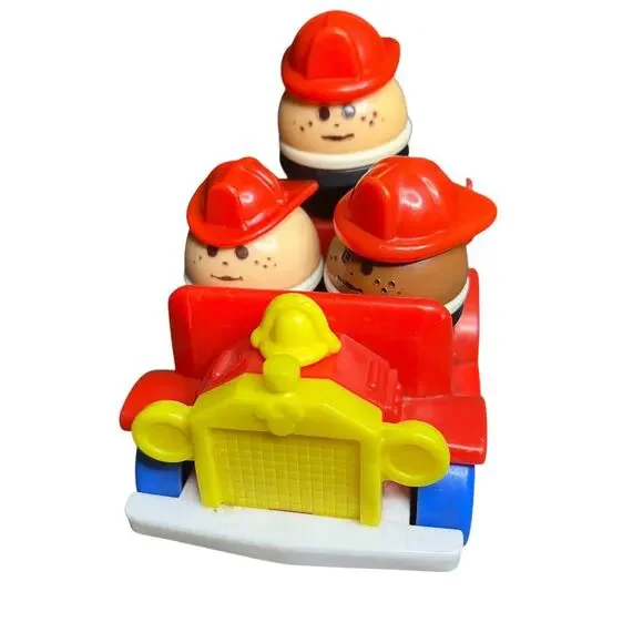 Vintage Disney Arco Fire Truck Toy‎ with 3 Egg Shaped Firefighter Figures Red