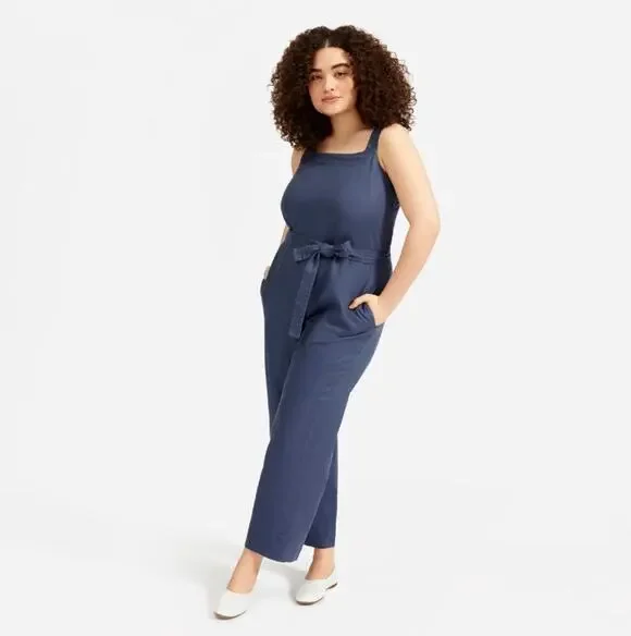 Everlane Womens The Linen Square-Neck Jumpsuit Sz 10 Belted Blue Indigo NWT