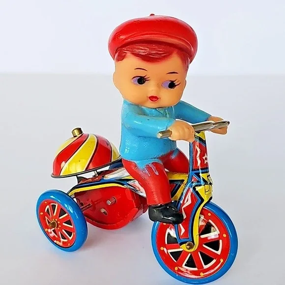 Vintage Tin Wind Up Toy Boy Riding Tricycle Late 50s Collectible‎ - Works - 1750