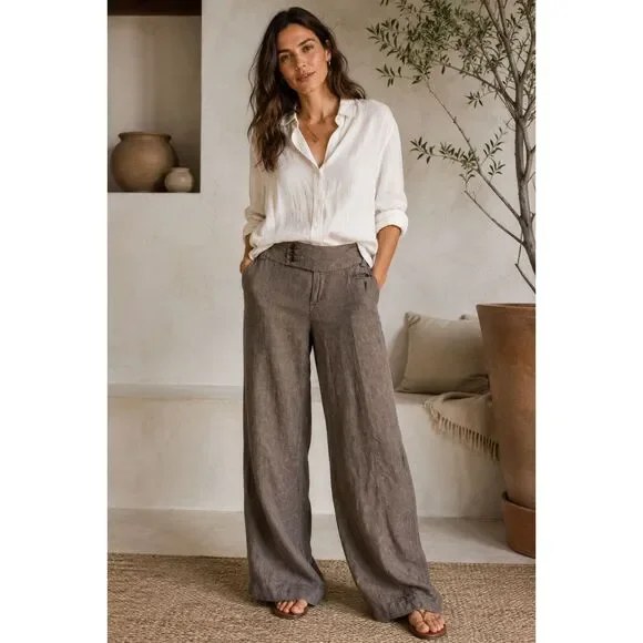 Banana Republic Brown Gray Linen Wide Leg Pants Trousers    Women's Size 2