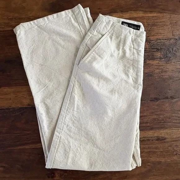 Zara Women Barrrel Leg Pants Cream Cotton Linen Blend Beach Casual Sz XS