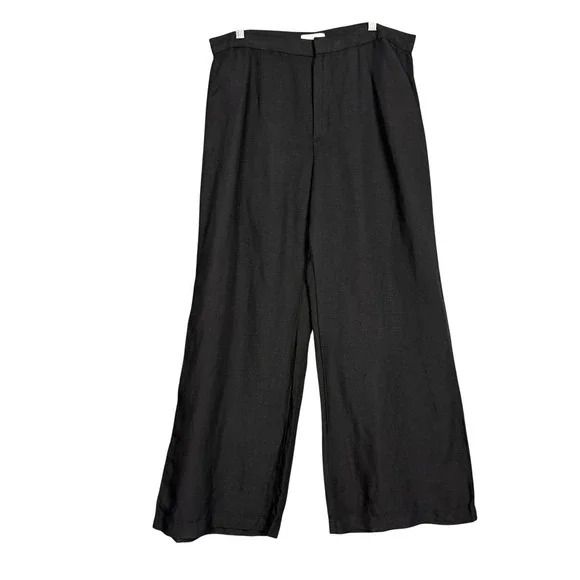 H&M Pants Women 14 Black‎ Linen Blend Wide Leg Pleated Trousers High Rise Beach