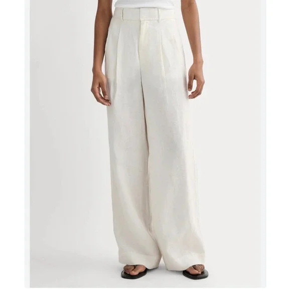Everlane Way-High Drape Linen Pant Bone Off-White Wide‎ Leg Pleated Trousers 10