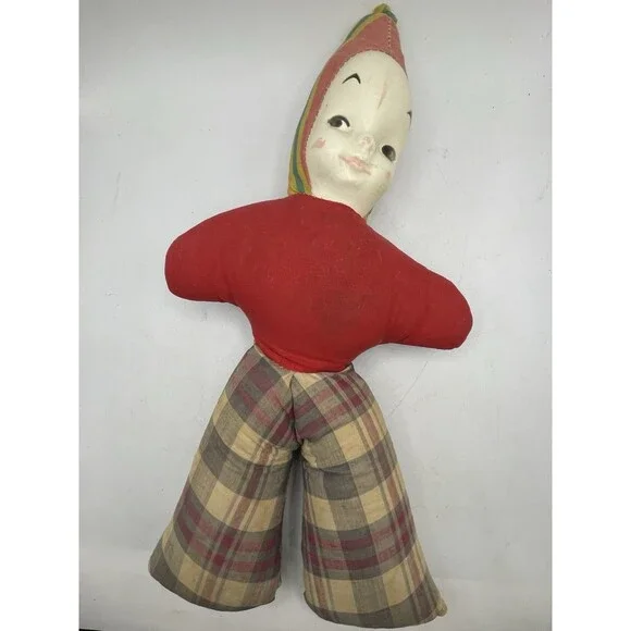 Vintage Carnival Doll Plastic Face Cloth Body 1950’s Black Eyes 14” Plaid