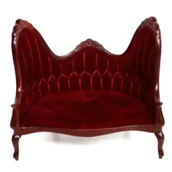 Vtg Dollhouse Miniature Victorian Red Velvet Mahogany Sofa Loveseat 1:12 Scale