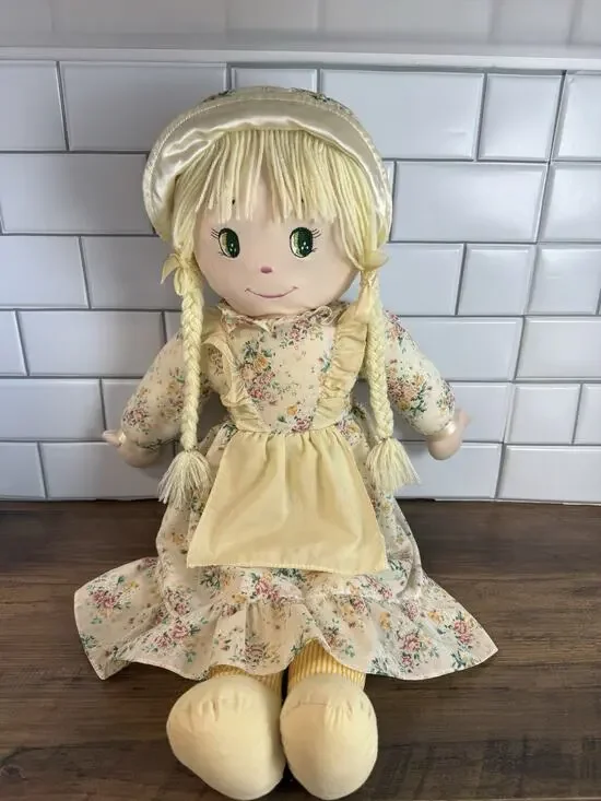 Vintage 28” Rag Doll Blonde Braided Yarn Hair Floral Dress Bonnet Plush Toy