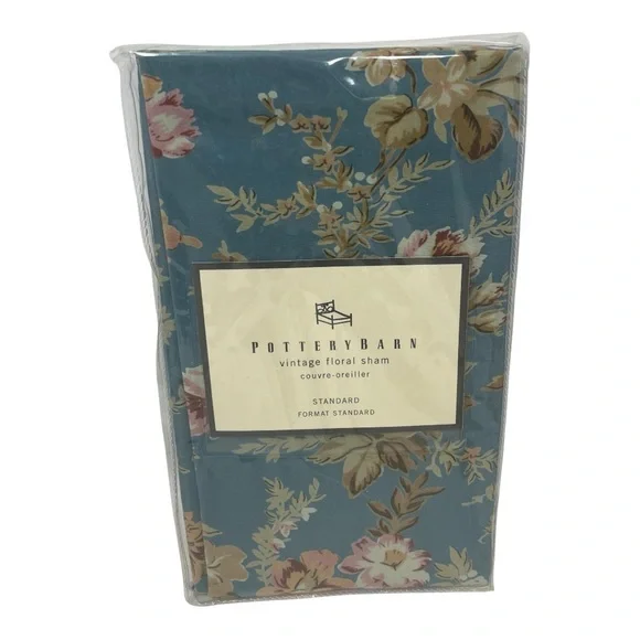 Pottery Barn 100% Cotton Vintage Floral Sham Standard Blue w/ Beige Pink Brown