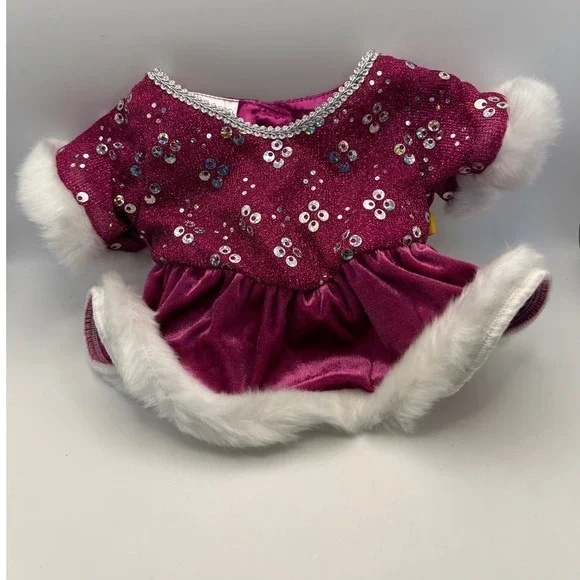 Build-A-Bear Ice Skater Dress Burgundy Sequins Fur Trim