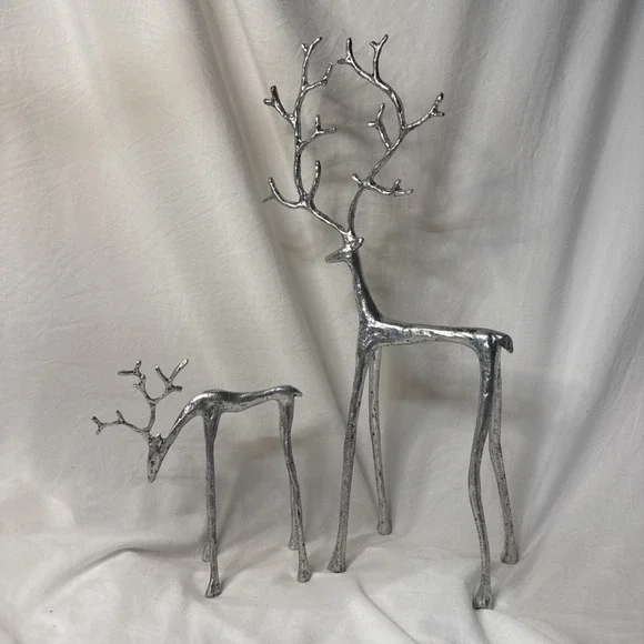 Pottery Barn Christmas Metal Sculpted Twig Silver Pewter Tall Reindeer Pair 2