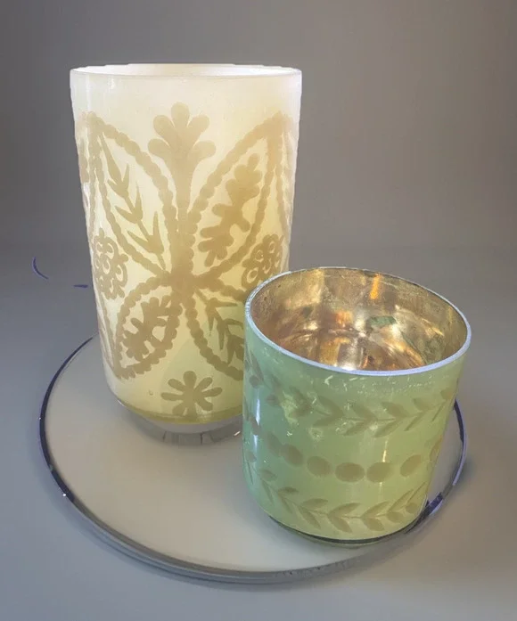 2 POTTERY BARN Antique Mercury and Milk Glass Filigree Vases / Candle Holders