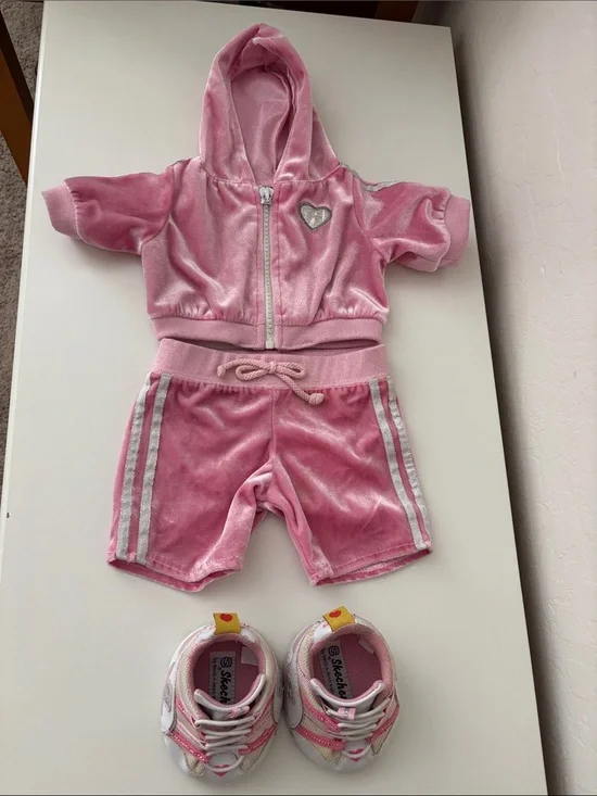 Build-A-Bear Pink Velvet Hooded Short Set  and Skechers sneakers