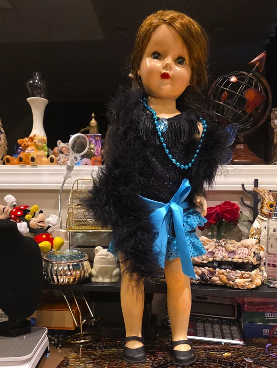 Madame Alexander Black Feathered Dress with Bright Blue Accents