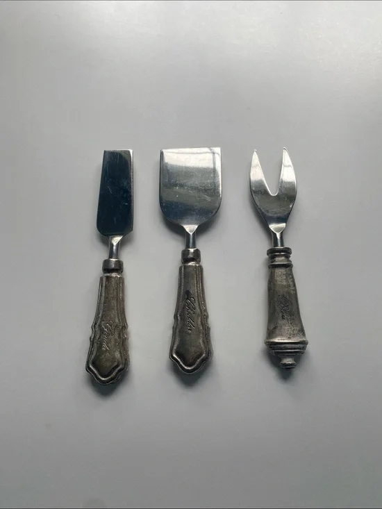 Pottery Barn Silver Stainless Steel Cheese Serving Set with Ornate Handles