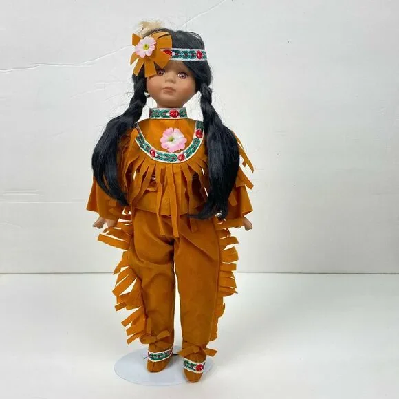 Native American Porcelain Girl Doll Fringe Pants & Top Embroidery Trim 14