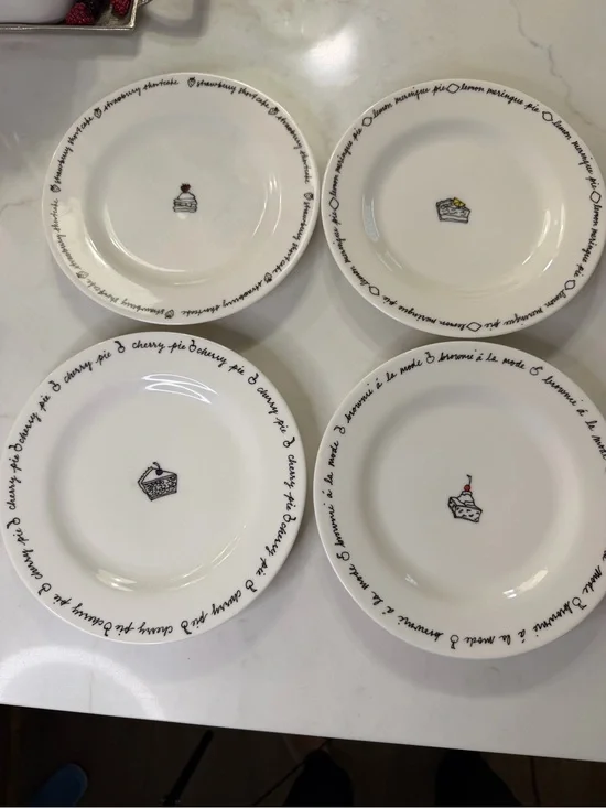 Pottery Barn porcelain Dessert Plates – White with Black Script and Cake Motifs