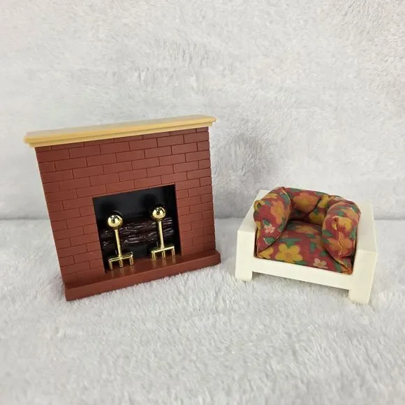 Vintage 1970s Fisher Price Dollhouse Fireplace Chair Living Room Set Fast Ship