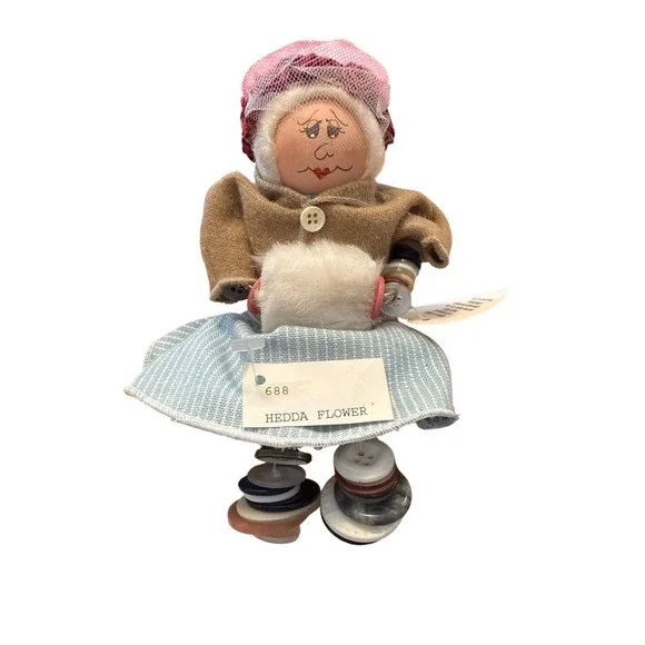 I'm a Button Dollie Hedda Flower Doll OS Blue Tan‎ 1992 Vtg on Handmade