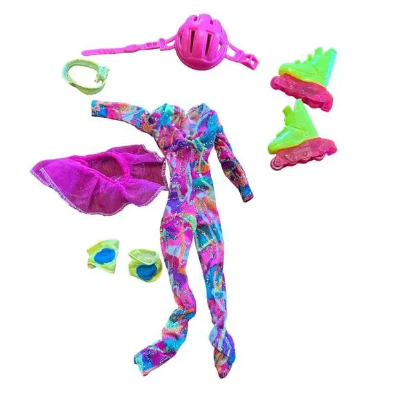 1994 Mattel Hot Skatin Barbie Outfit Skates Unitard Helmet Skirt Belt Knee Pads