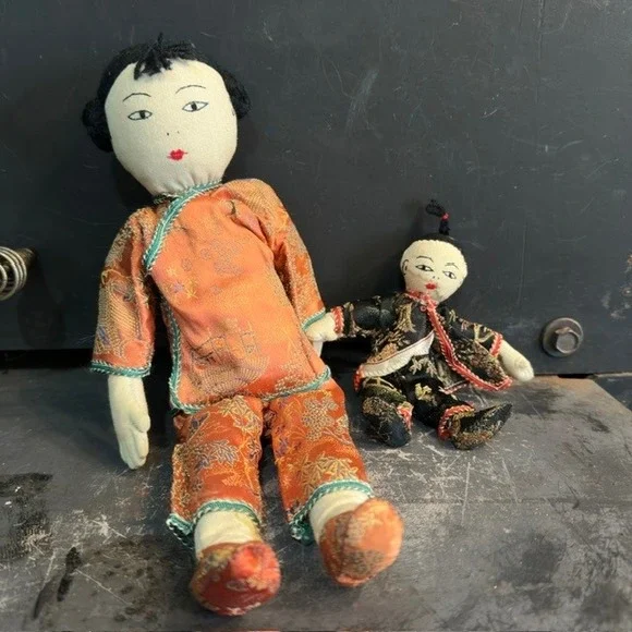 Vintage Chinese Cloth Dolls Set of 2 Orange Black Silk Brocade Folk Art 12in