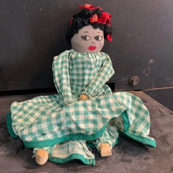 Handmade Vintage Folk Art Rag Doll Green Gingham Wooden Hands Feet 15in Prim