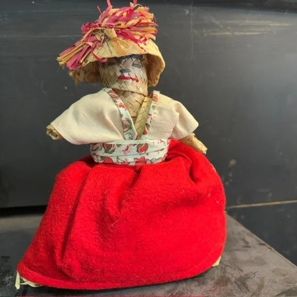 Vintage Jamaica Straw Doll Handmade Folk Art Red Skirt Caribbean Souvenir 9.5